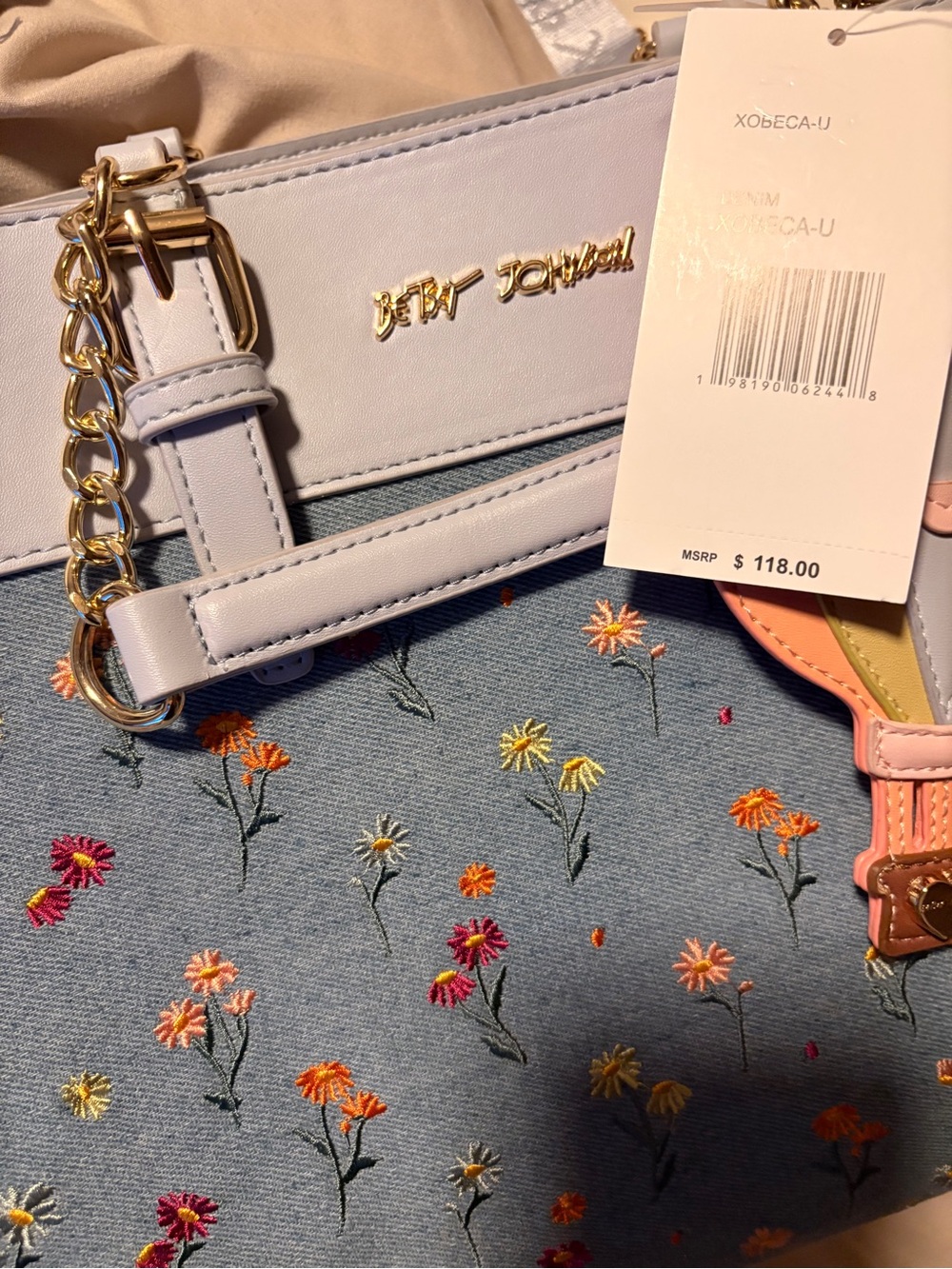 Betsey Johnson Denim Floral Satchel with Pastel Hot Air Balloon Charm NWT 💐 - Picture 11 of 13